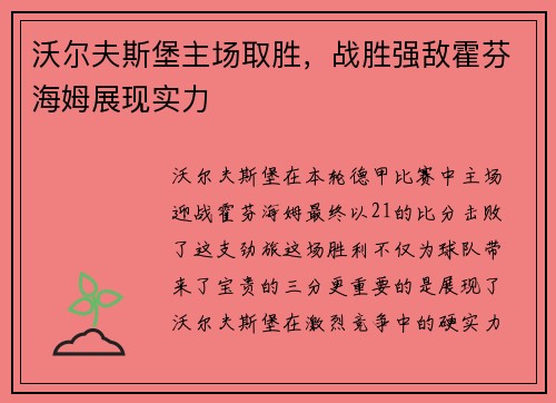 沃尔夫斯堡主场取胜，战胜强敌霍芬海姆展现实力