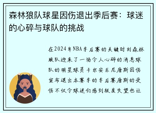 森林狼队球星因伤退出季后赛：球迷的心碎与球队的挑战