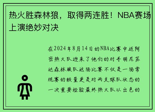 热火胜森林狼，取得两连胜！NBA赛场上演绝妙对决