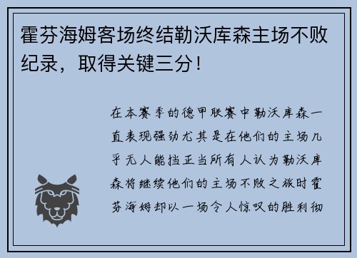霍芬海姆客场终结勒沃库森主场不败纪录，取得关键三分！
