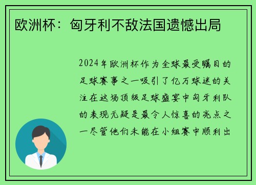 欧洲杯：匈牙利不敌法国遗憾出局