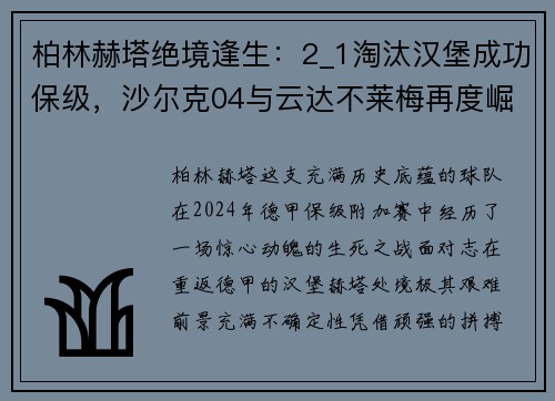 柏林赫塔绝境逢生：2_1淘汰汉堡成功保级，沙尔克04与云达不莱梅再度崛起