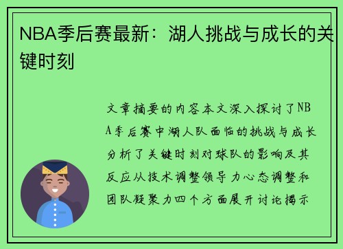 NBA季后赛最新：湖人挑战与成长的关键时刻