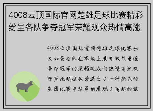 4008云顶国际官网楚雄足球比赛精彩纷呈各队争夺冠军荣耀观众热情高涨